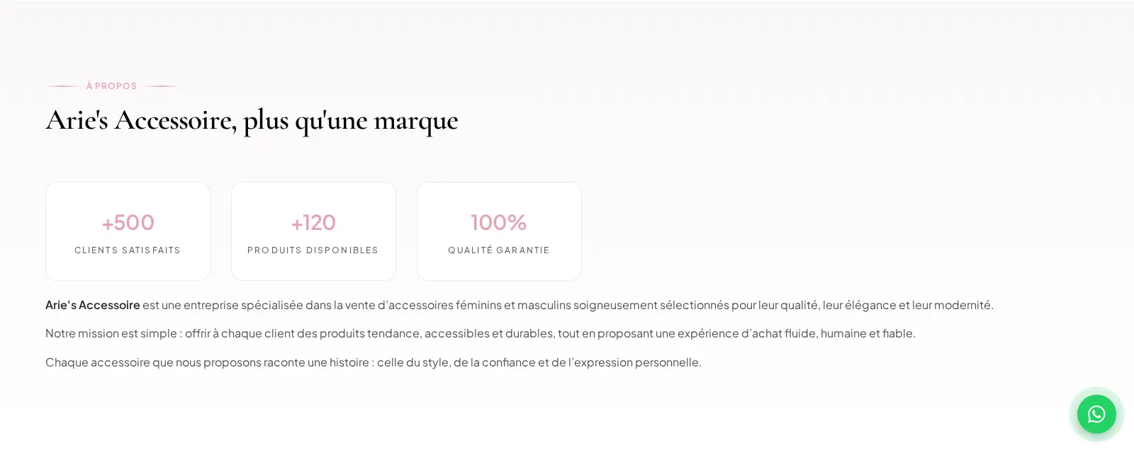 Section À propos présentant la marque et ses chiffres clés