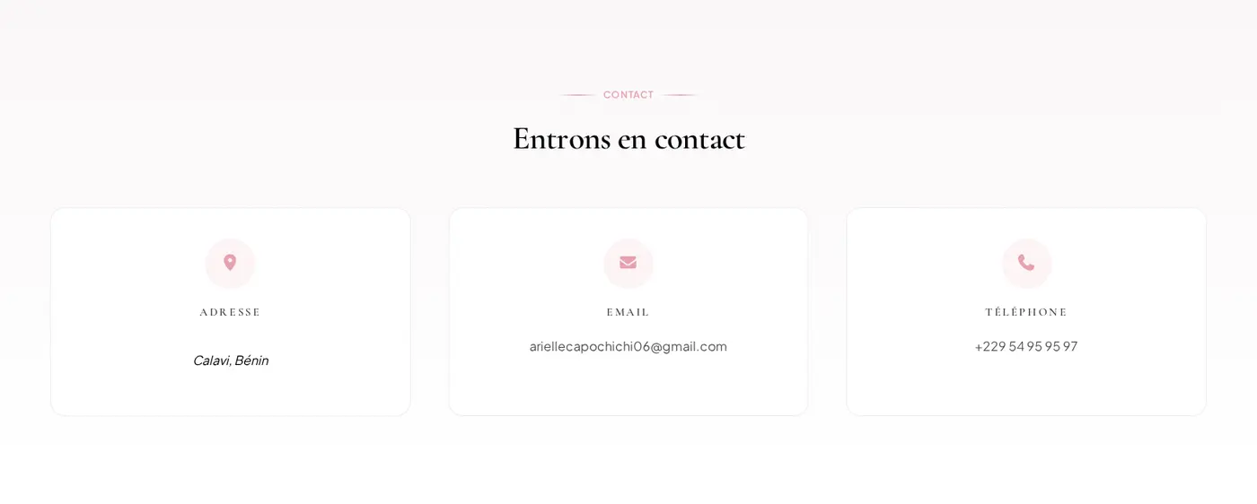 Section Contact avec l'adresse, l'email et le téléphone de la marque