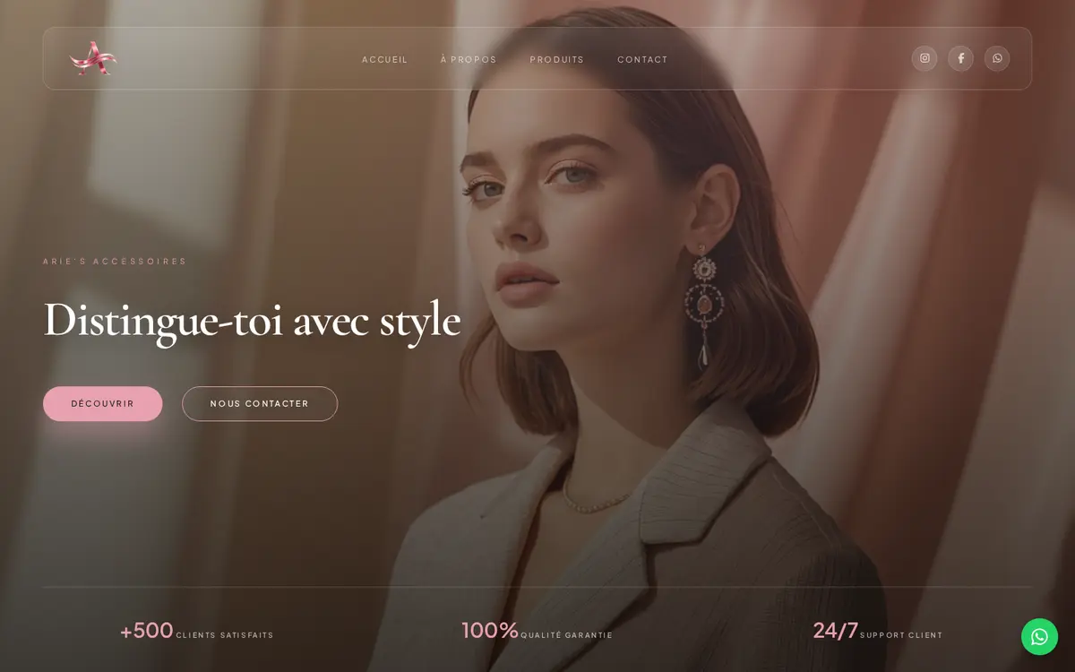 Page d'accueil du site Arie's Accessoire, marque d'accessoires de mode