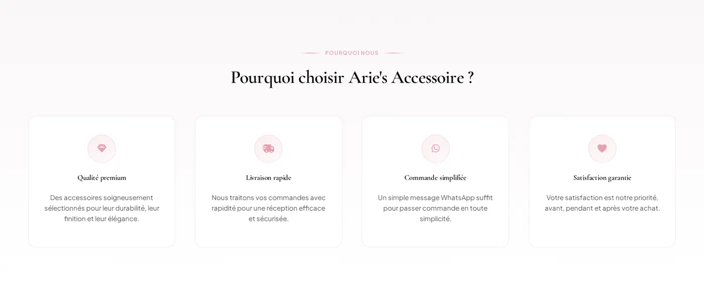 Section Pourquoi choisir Arie's Accessoire avec quatre arguments de réassurance
