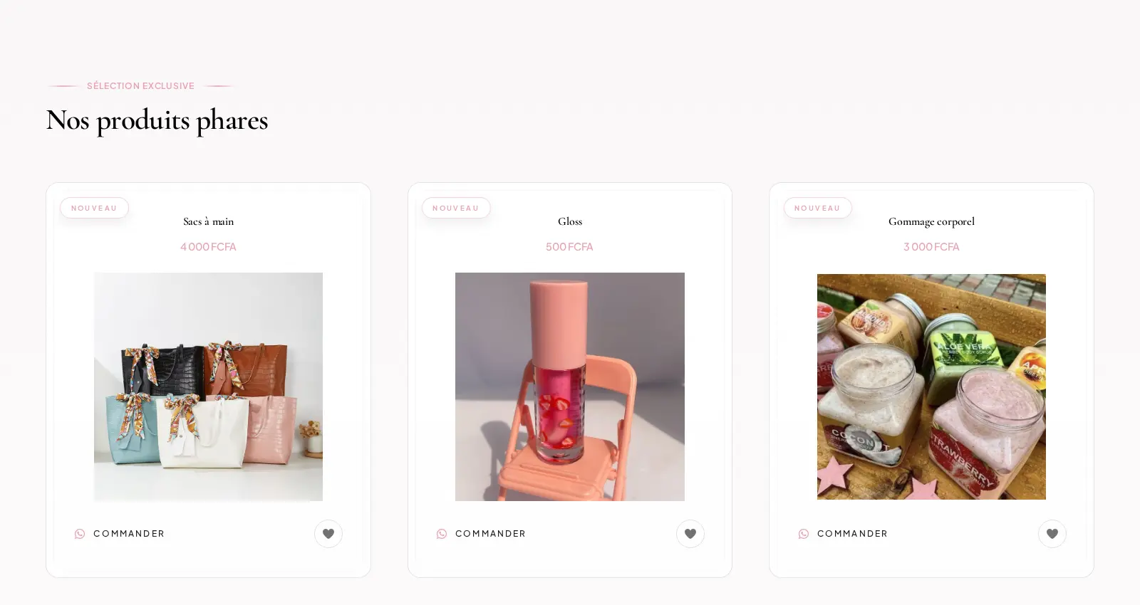 Section Nos produits phares avec plusieurs articles, leurs prix et un bouton de commande