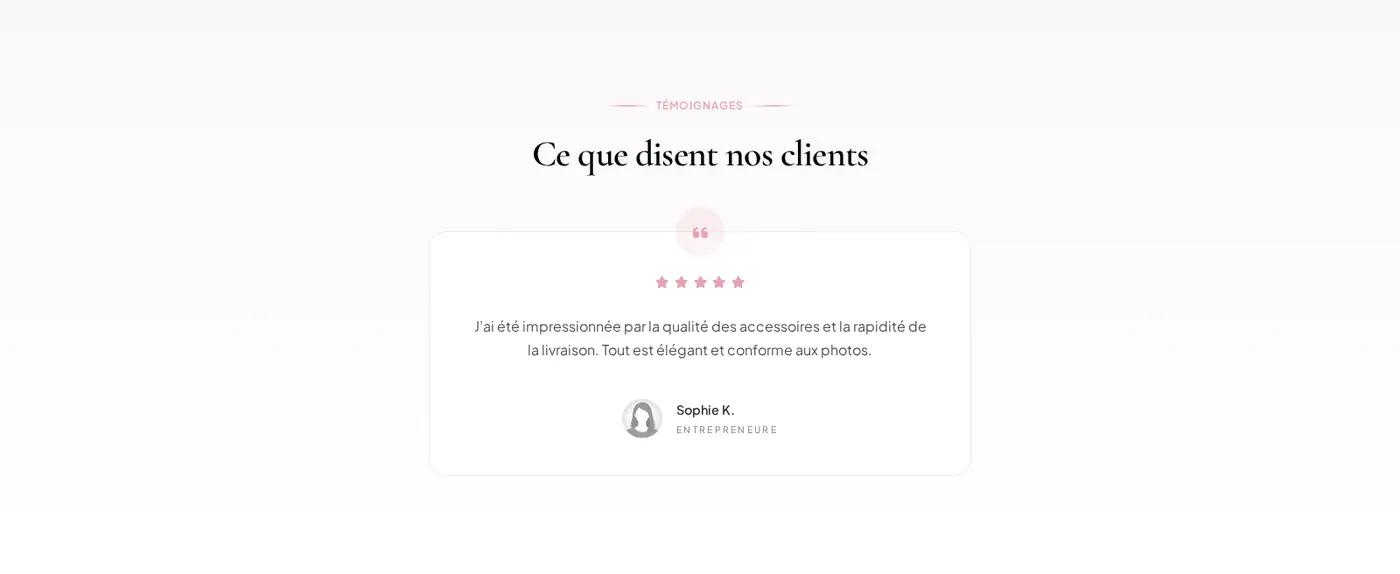 Section Témoignages avec un avis client noté cinq étoiles