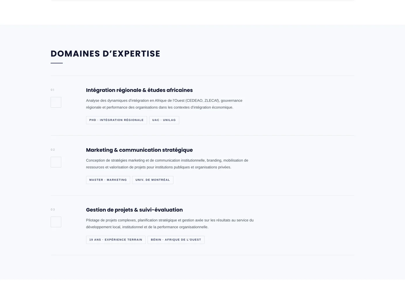 Section Domaines d'expertise sur la page d'accueil