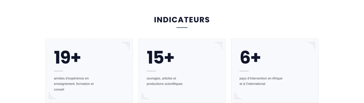 Indicateurs clés : années d'expérience, publications, pays d'intervention
