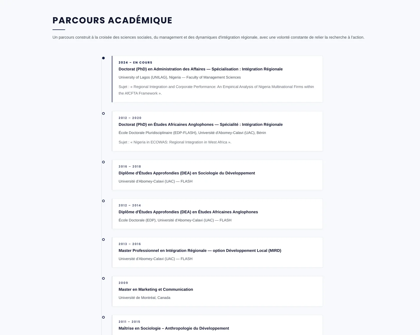 Parcours académique présenté sous forme de frise chronologique