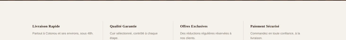 Bandeau des avantages : livraison rapide, qualité garantie, offres exclusives, paiement sécurisé
