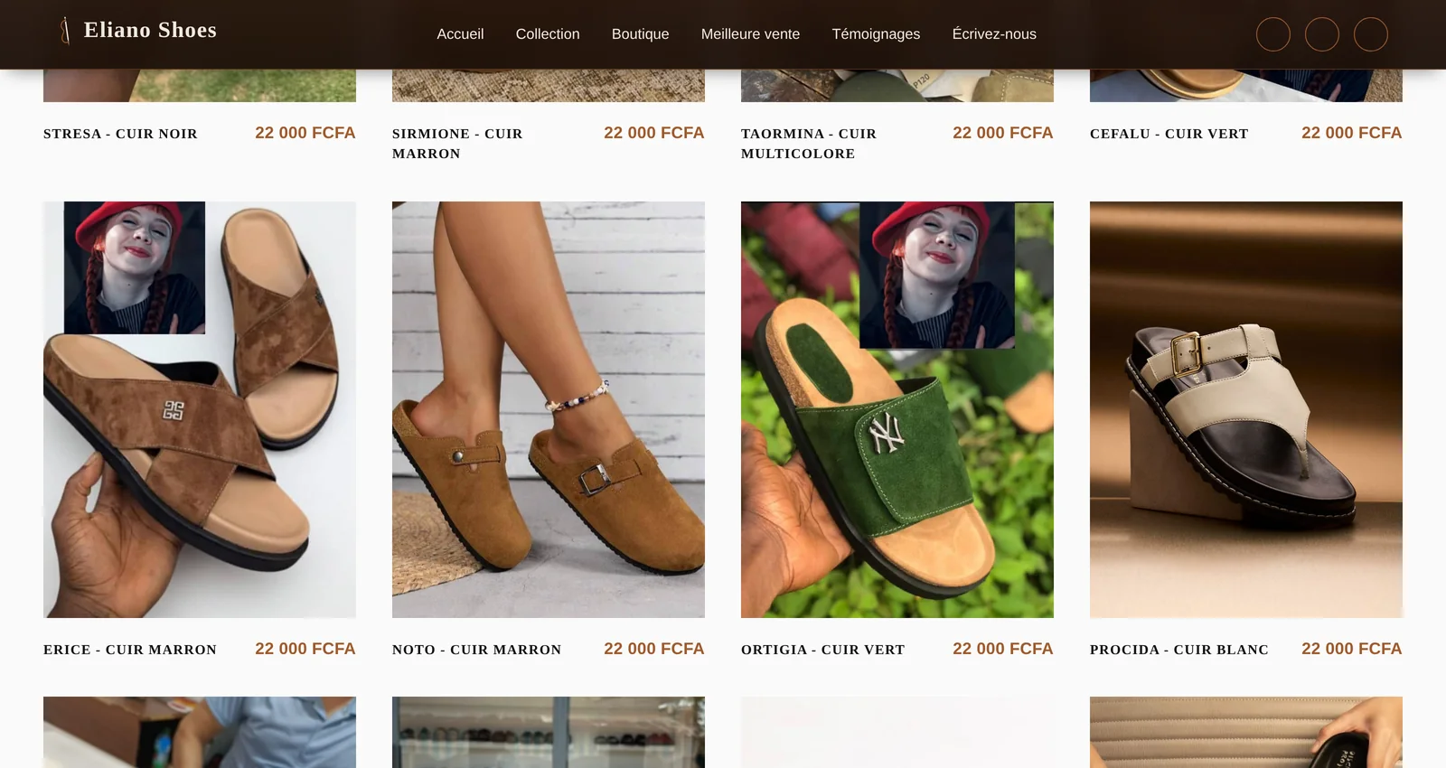 Grille de produits de la boutique, avec plusieurs modèles et leurs prix