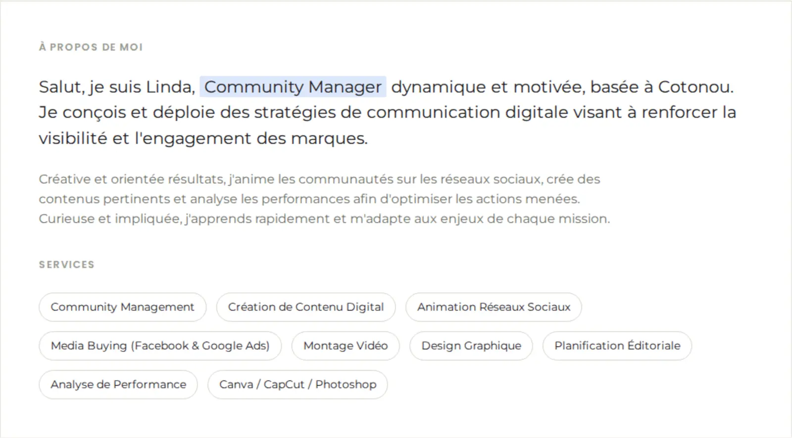 Section À propos de moi avec la présentation et la liste des services proposés