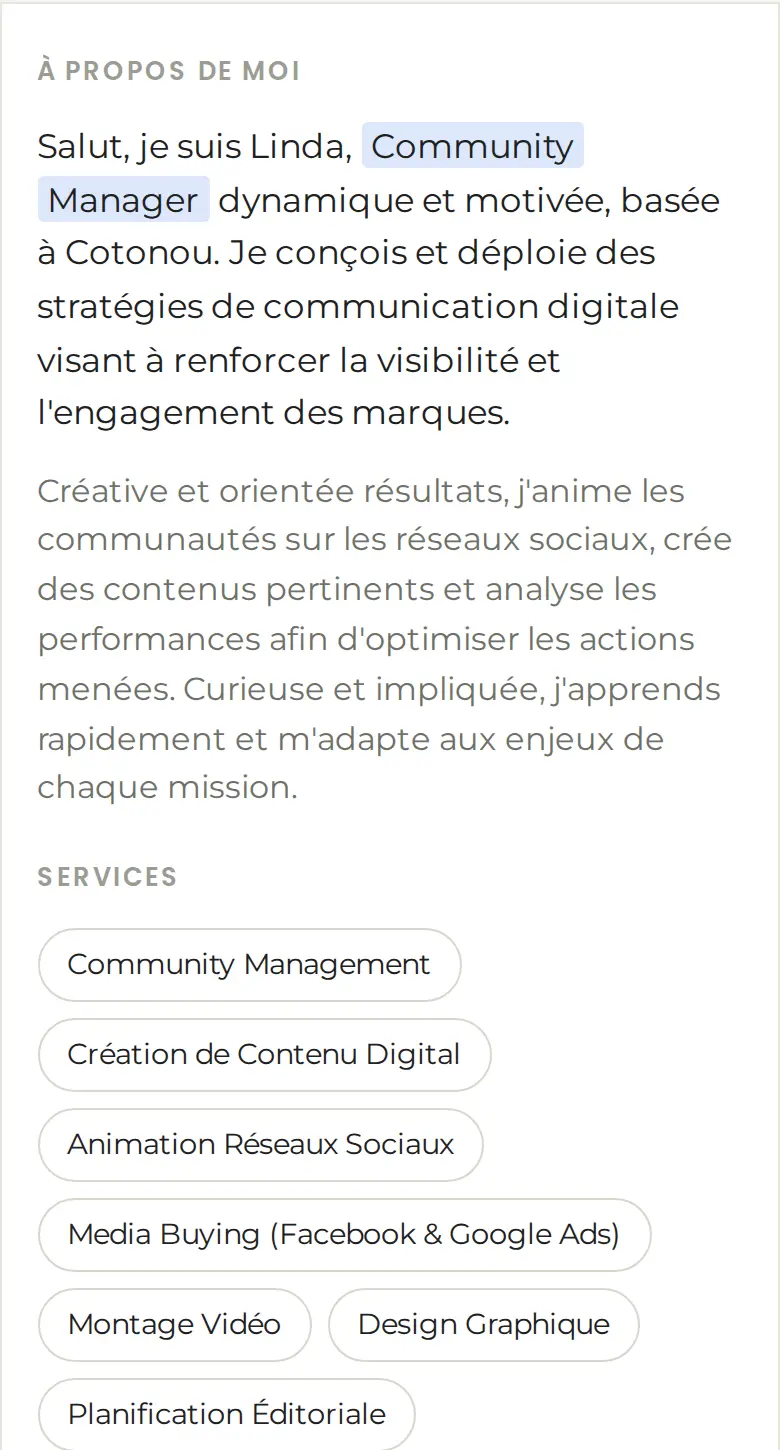 Version mobile de la section À propos de moi