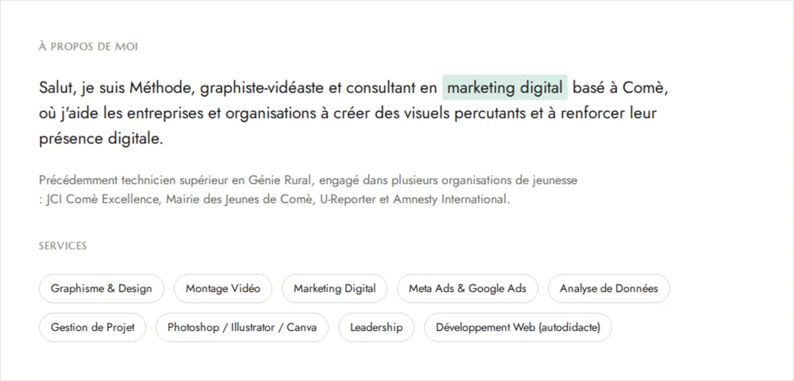 Section À propos de moi avec la présentation et la liste des services proposés