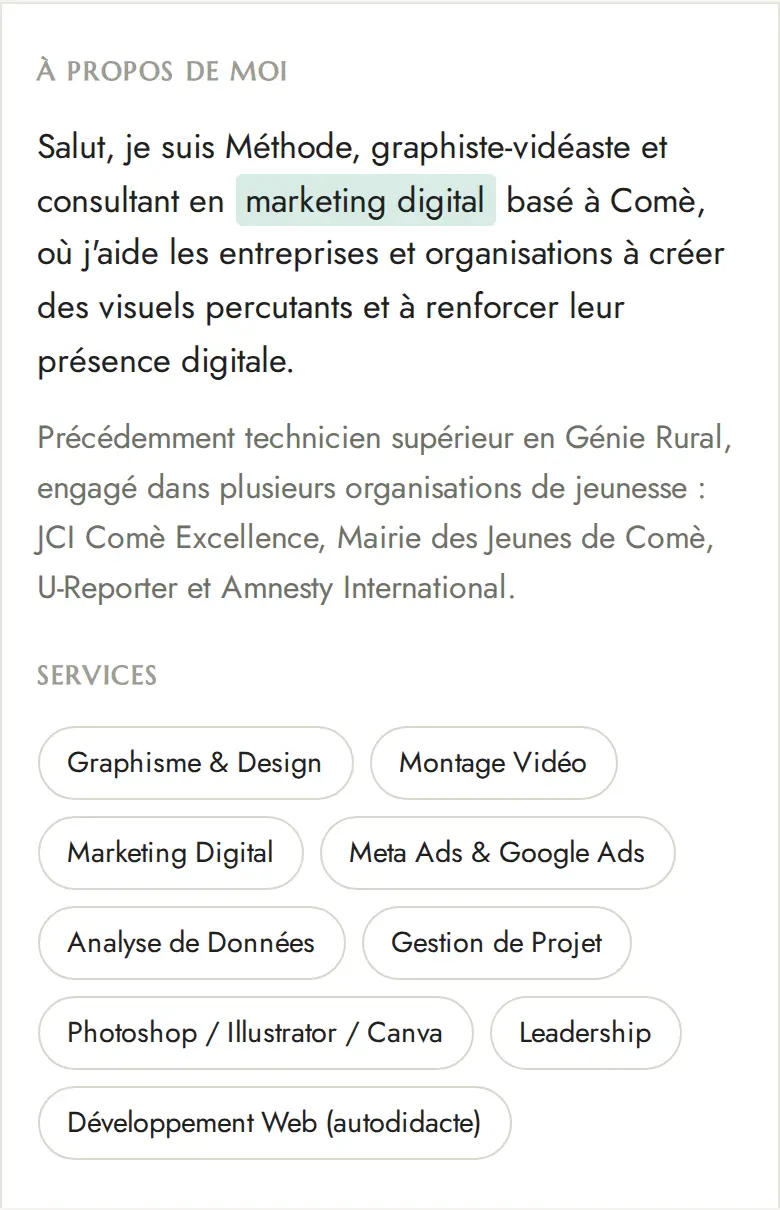 Version mobile de la section À propos de moi