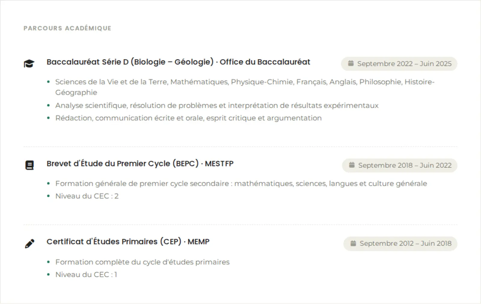 Section Parcours académique détaillant le Baccalauréat, le BEPC et le CEP