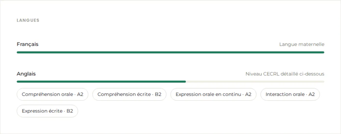 Section Langues avec le niveau en français et le détail CECRL en anglais