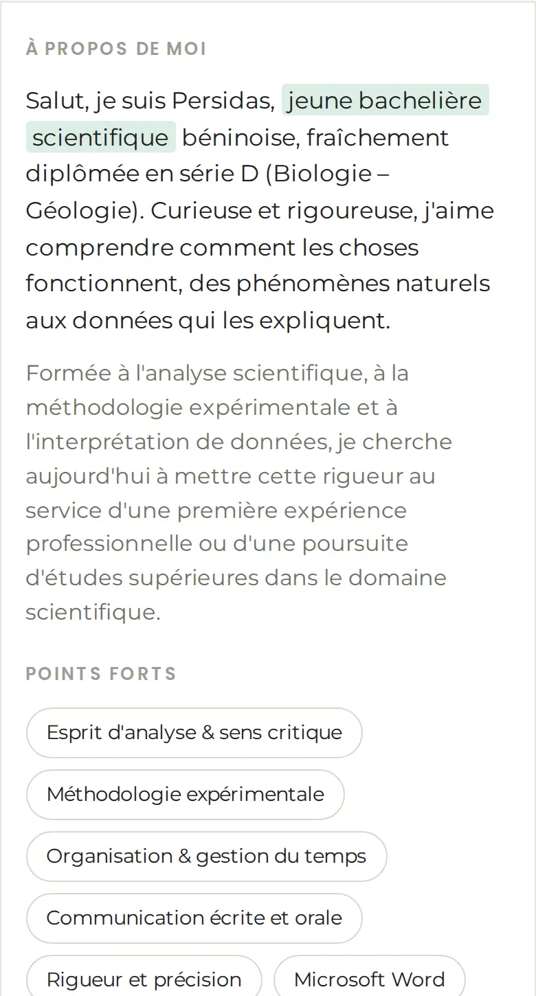 Version mobile de la section À propos de moi