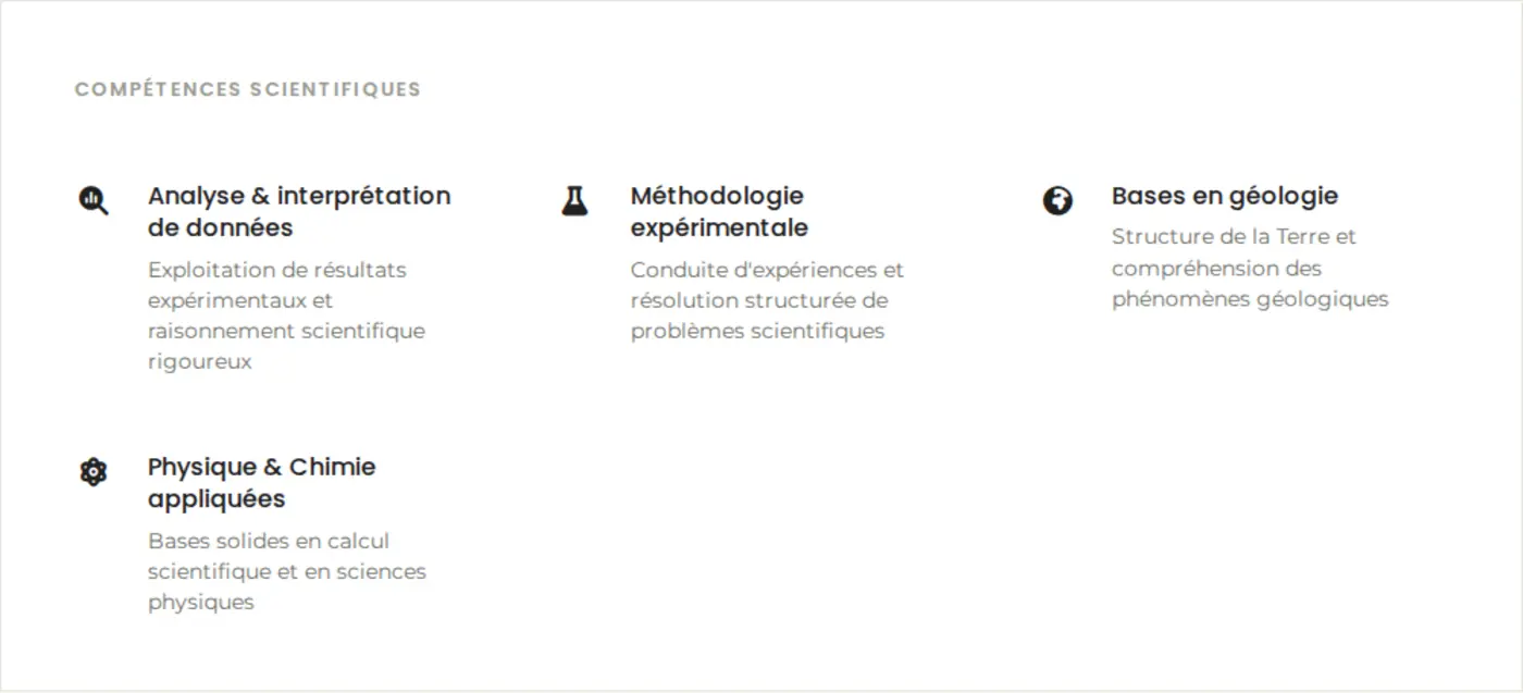 Section Compétences scientifiques avec quatre domaines détaillés