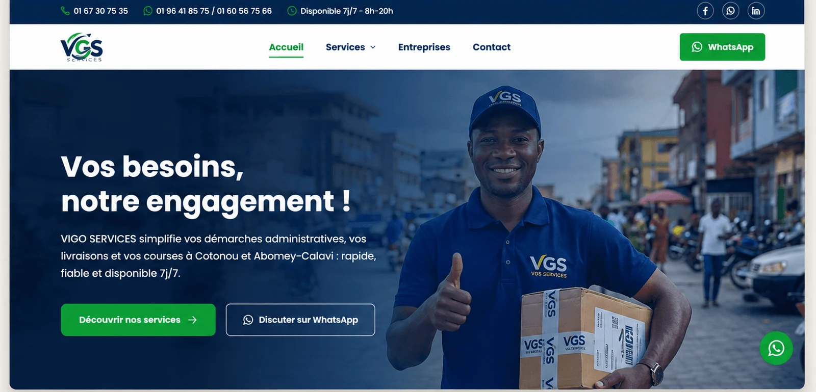 Page d'accueil du site VIGO Services, avec bandeau de contact, menu et section d'introduction