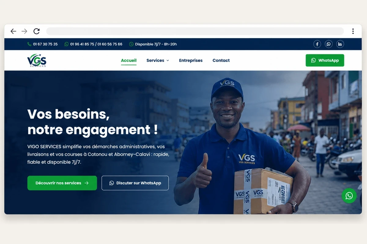 Page d'accueil du site VIGO Services dans un navigateur